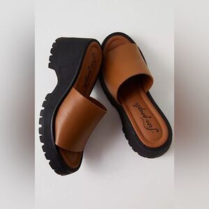 Free People Tan Leather Slide Wedges with Black Soles